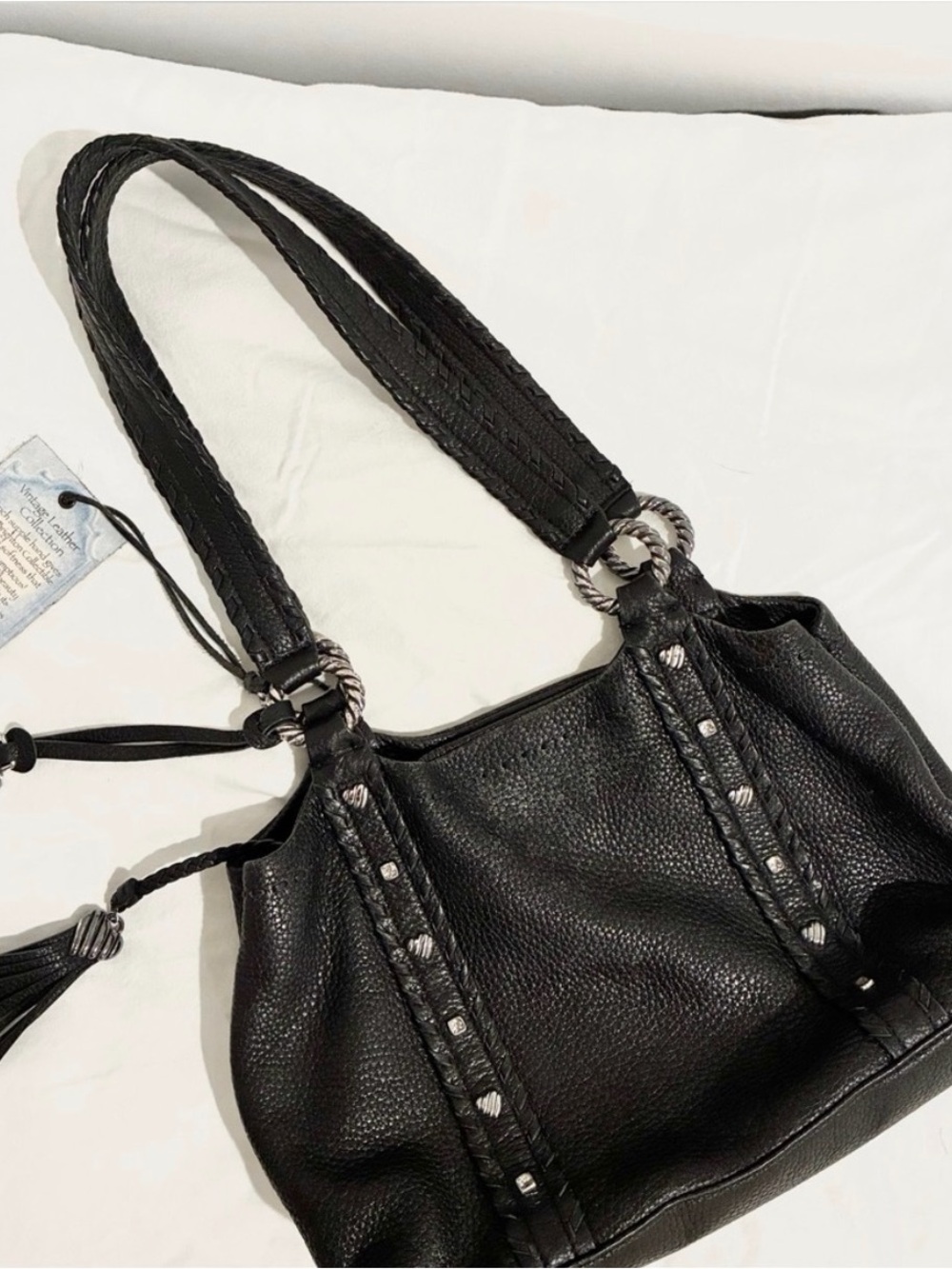 Brighton Vintage Black Pebbled Leather Shoulder Bag Heart Studs Tassel Charm